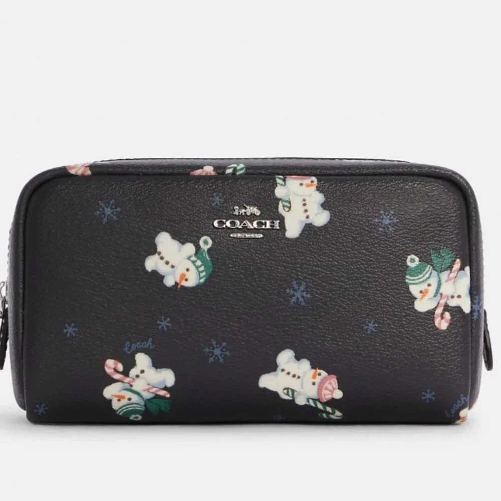 Coach Small Boxy Cosmetic Case With Snowman Print Winter Snowflakes Purse Travel
